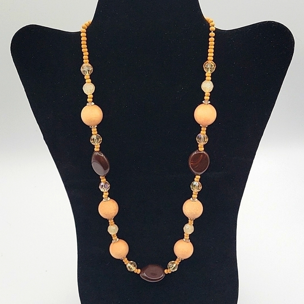 VINTAGE SINGLE STRAND BEADED NECKLACE CREAM BROWN & CRYSTAL BEADS